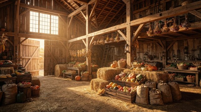Rustic wooden barn interior with sunlight streaming through a window onto stacks of harvest hay bales and farm equipment