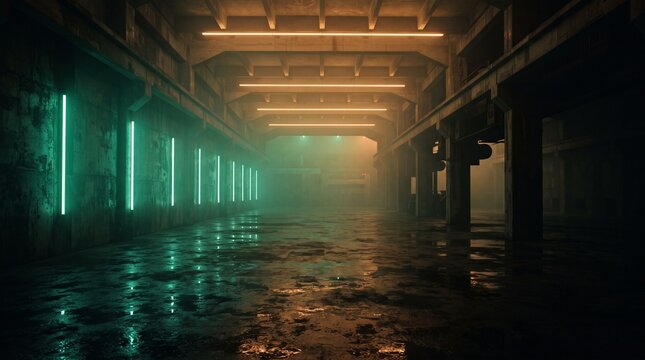 Cinematic Industrial Concrete Warehouse with Green Neon Lights and Warm Ceiling Illumination
