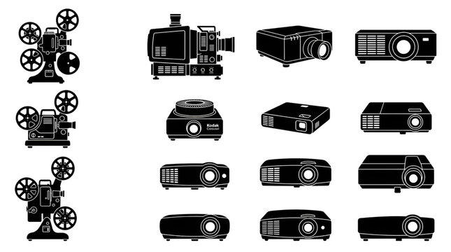 Collection of Digital and Vintage Film Projector Silhouettes Set in Grid