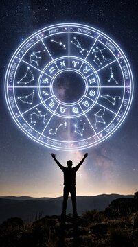 A silhouette of a person standing under a glowing zodiac constellation circle in the starry night sky showing human connection to celestial signs and cosmic energy through mystical spiritual