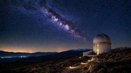 Astronomical observatory dome stands under a brilliant dark starry milky way galaxy night sky landscape view © Aizaz