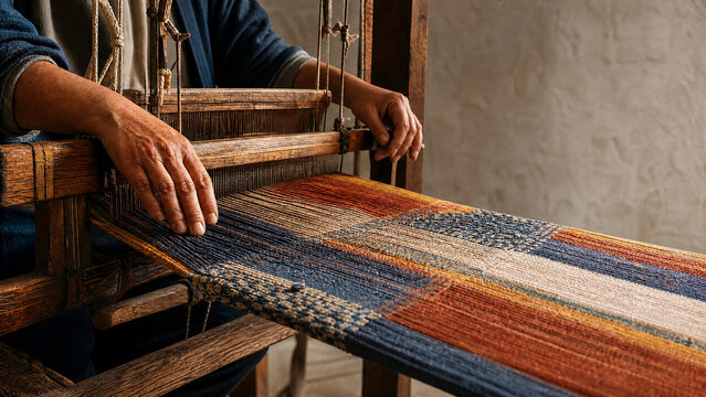Skilled artisan weaving colorful fabric on a traditional wooden loom inside a rustic workshop setting today