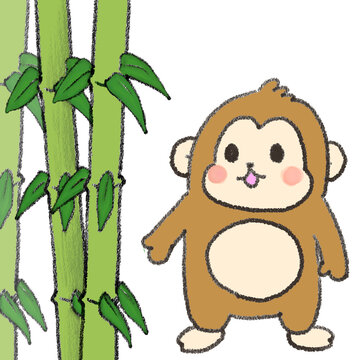 Cute cartoon monkey beside bamboo