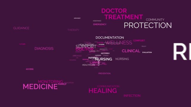 Animated camera flying through a 3D medical word cloud with floating h