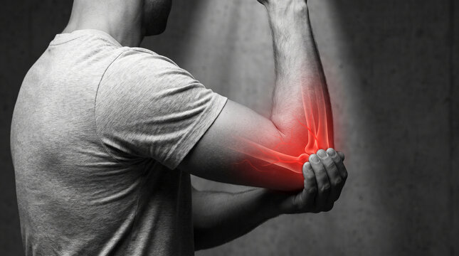 Man holding painful elbow with red glowing joint x-ray effect