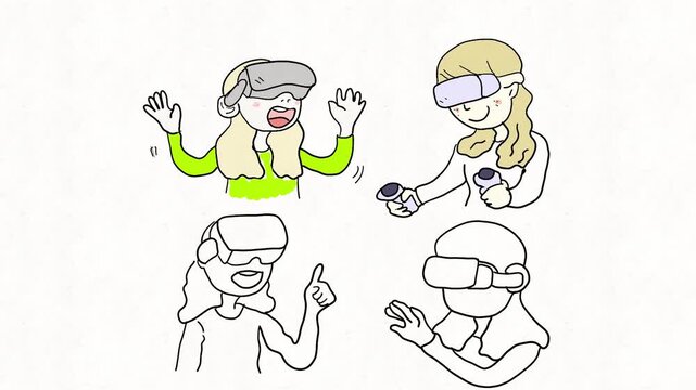
Virtual reality users interacting with VR headsets and controllers, illustrating immersive gaming, metaverse experiences, digital entertainment and virtual technology.