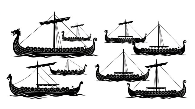 Silhouette Collection of Viking Longships with Shields on White Background