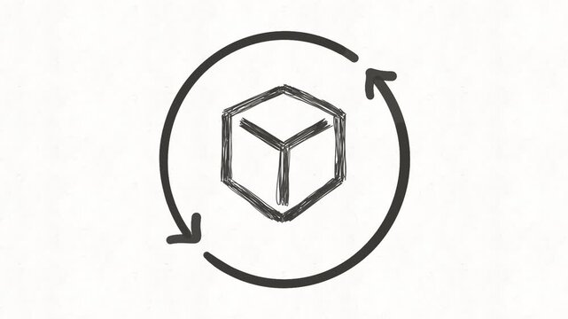 
Rotating cube with circular arrows animation representing 3D object rotation, model update, product visualization, digital transformation, refresh, synchronization and interactive desi