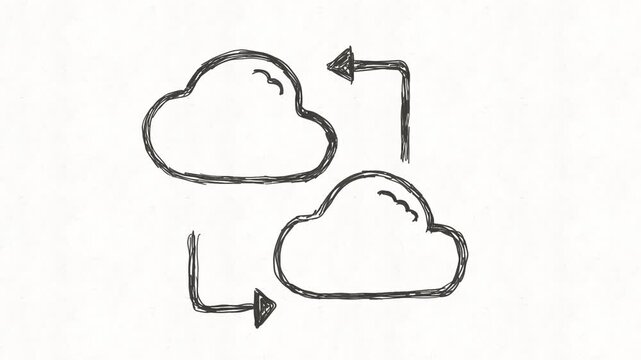 ha
Cloud synchronization animation with two connected cloud icons and arrows, representing data sync, cloud storage, file transfer, backup, online services, networking and digital informa