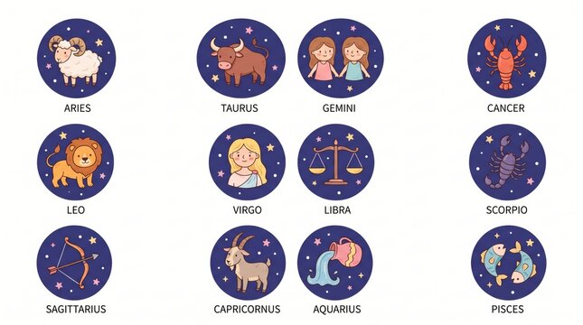 Twelve Zodiac Signs Set Featuring Astrology Constellations and Celestial Icons for Horoscope Prediction Themes Representing Each Yearly Cycle Character Symbols Arranged in a Circular Patterned