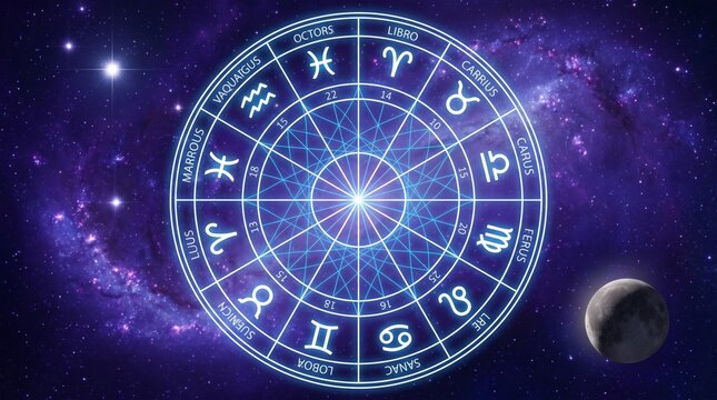 Cosmic circular zodiac wheel showcasing twelve astrological star signs arranged in a celestial sequence within a vibrant purple nebula galaxy featuring glowing light points and a crescent moon