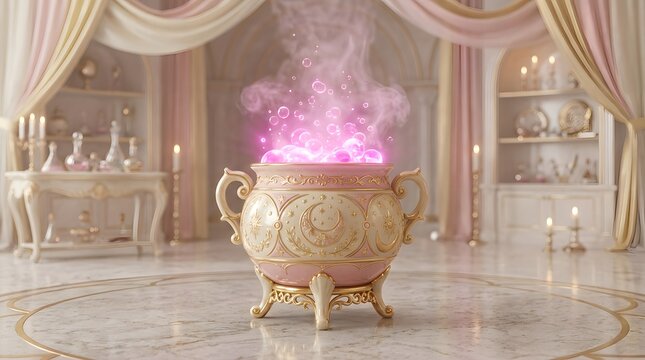 Ornate pink witch cauldron bubbling with magic potion in elegant room.