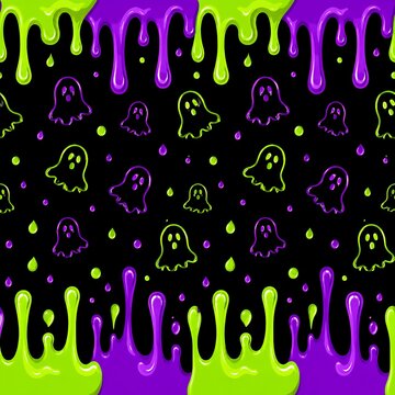 Halloween Seamless Pattern with Cute Ghosts Green and Purple Dripping Slime Background
