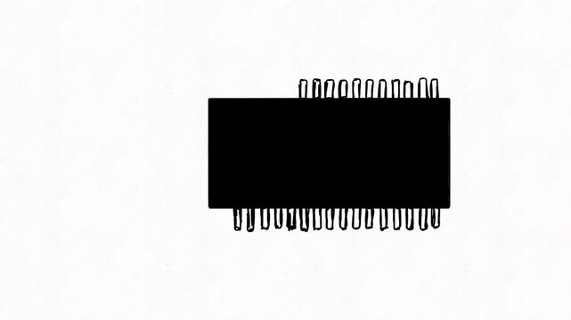 
Black integrated circuit chip animation with multiple pins, representing semiconductor electronics, microprocessor hardware, embedded systems, computing, engineering and digital tech