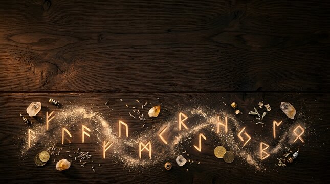 Ancient Norse runes glowing with magical energy on a dark wooden surface with scattered crystals and coins.