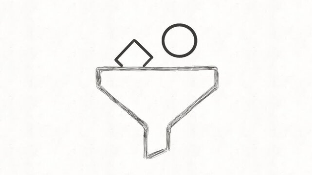 
Filter funnel animation with geometric elements, representing data filtering, sorting, selection, processing, analytics, search refinement and information organization.