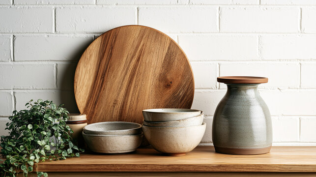 Rustic Kitchen Shelf with Wooden Cutting Board and Ceramics