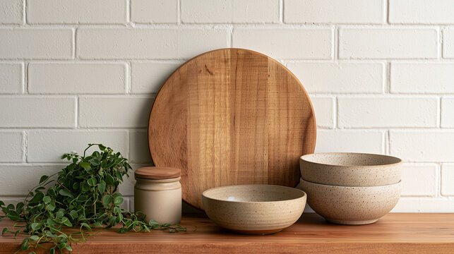 Rustic Kitchen Shelf with Wooden Cutting Board and Ceramics
