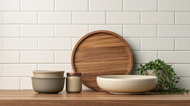 Rustic Kitchen Shelf with Wooden Cutting Board and Ceramics
