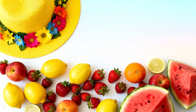 joyful summer flat lay yellow hat garland fruits