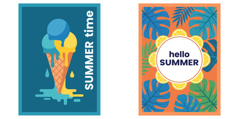 Fototapeta premium Summer poster set with ice cream cone and tropical leaf illustration summer time hello summer typography banner design for holiday vacation travel flyer card invitation seasonal print vector