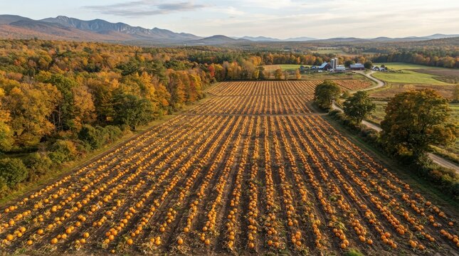 Beautiful pumpkin patch field in autumn with orange pumpkins growing in rows on a farm with rolling hills in the background
