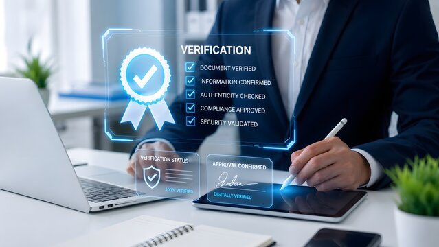 A professional businessman using modern digital technology to manage quality assurance certification and compliance standards in a corporate office environment