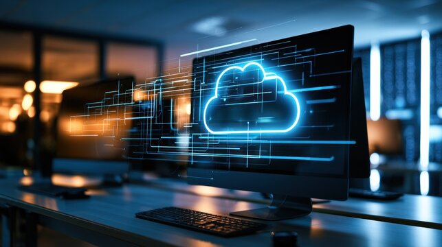 A computer monitor displaying a cloud icon with a glowing blue outline, set against a blurred background of a server room with various computer equipment.