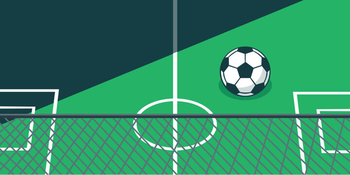 Football field pitch background with soccer ball and midfield line top view green grass stadium sport illustration for championship league match and game background vector design