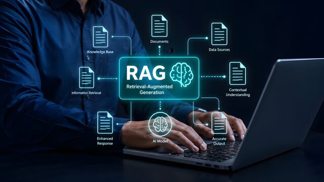 A professional developer working on a laptop using advanced retrieval augmented generation technology to improve artificial intelligence language model accuracy