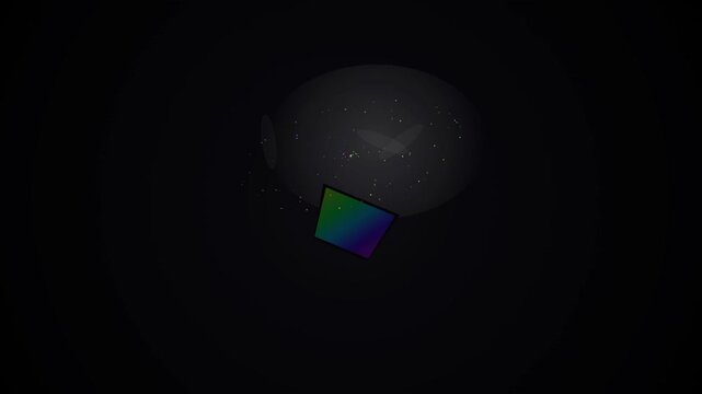 Abstract glowing particle sphere with colorful pyramid in dark space motion sequence