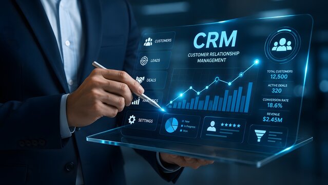 A professional businessman using advanced digital technology to manage customer relationship management systems for improved business growth and sales performance