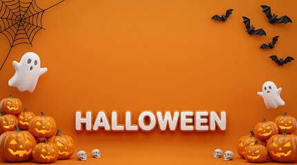 Fototapeta premium A festive halloween background featuring carved jack o lanterns ghosts bats a spider web and the word halloween on an orange backdrop