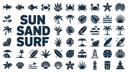 Fototapeta premium Set of black beach and summer themed icons featuring palm trees, surfboards, sea creatures, shells, and lighthouses on white background