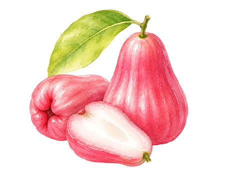 Vibrant watercolor of fresh pink rose apples on a white background.