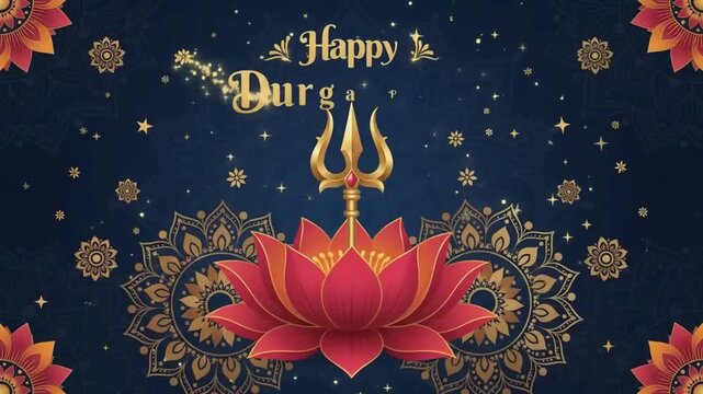 Happy Durga Puja Greeting with Lotus and Trident Illustration