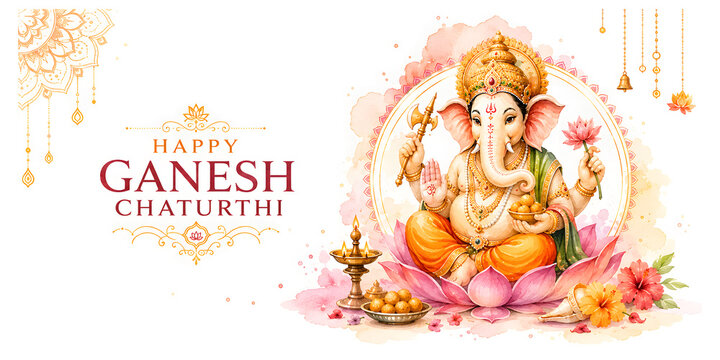 Artistic Ganpati Bappa side face with decorative floral frame and white space - Happy Ganesh Chaturthi