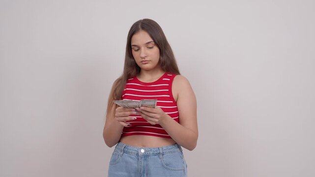 Indian Teenage Girl Counting Money, Indian Rupees