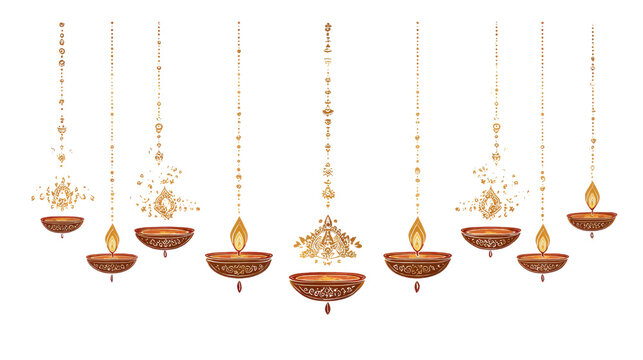 Elegant hanging diya oil lamps with golden ornamental strings for Diwali decoration, traditional Indian festival illustration, isolated on white background