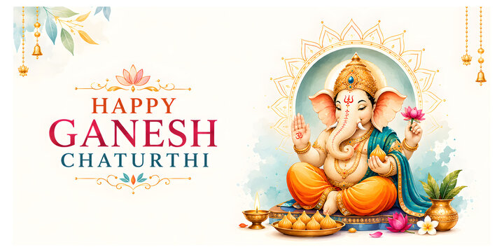 Traditional Ganesha greeting card banner with yellow marigold decorations - Happy Ganesh Chaturthi