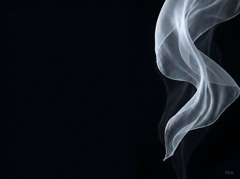 Graceful white abstract form swirls and floats, resembling delicate silk or ethereal smoke against a profound dark background, creating a serene and elegant minimalist visual