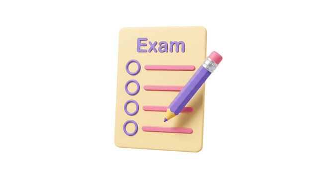 Back to school 3d exam paper with pencil isolated on transparent background