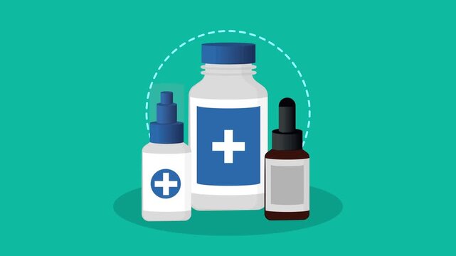 Various medicine bottles displayed in medical context with plus sign symbol.