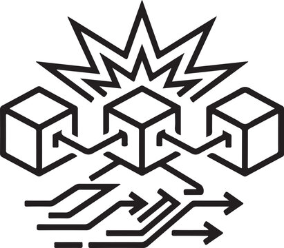 Microservice architecture icon showing interconnected data blocks with an action spark and processing arrows on white