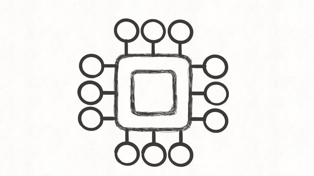 
Microchip icon animation with multiple connection pins, representing processor technology, semiconductor electronics, computing hardware, digital systems and inte