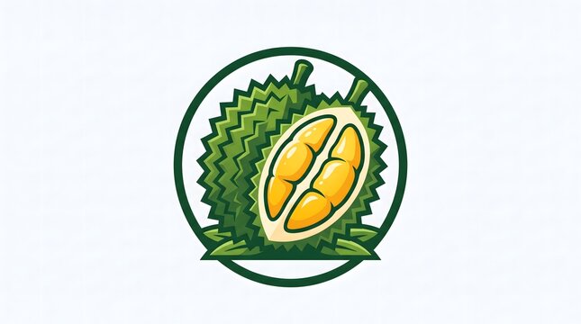 Vector illustration of a fresh durian fruit split open within a circular frame, featuring sharp green spiky skin and rich yellow flesh seeds