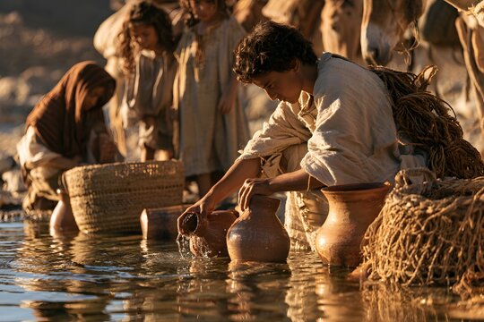 Young boy filling clay pots with water from a river or stream, with other children and donkeys in the background
