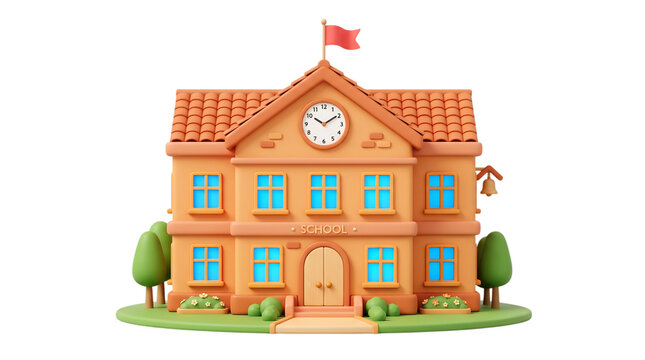 Back to school 3d illustration of a school building isolated on transparent background