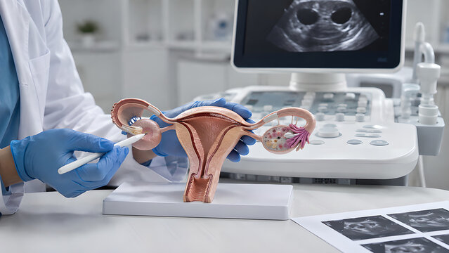 Ovary Ovulation Ultrasound Screening and Clinical Procedure Concept with Gynecologic Examination, Follicle Release Visualization, Diagnosis Awareness for Medical Education and Patient Communication