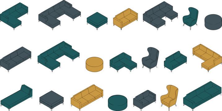 Collection of modern isometric furniture icons including sofas sectionals armchairs and ottomans for interior design planning